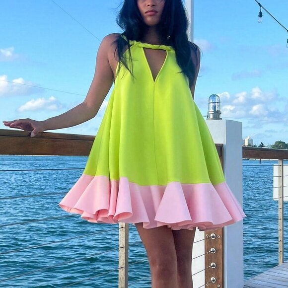 Dresses & Skirts - Green- pink elegant Women's Sleeveless Ruffle Hem Mini dress
